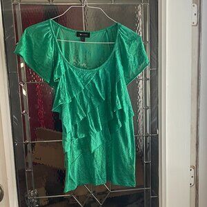 AB Studio Top Womens XL Green Short Sleeve Ruffle Stretch Knit Sexy Geo Print